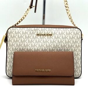 Michael Kors Large EW Crossbody Bag & Large Trifold Wallet Vanilla/Brown Set